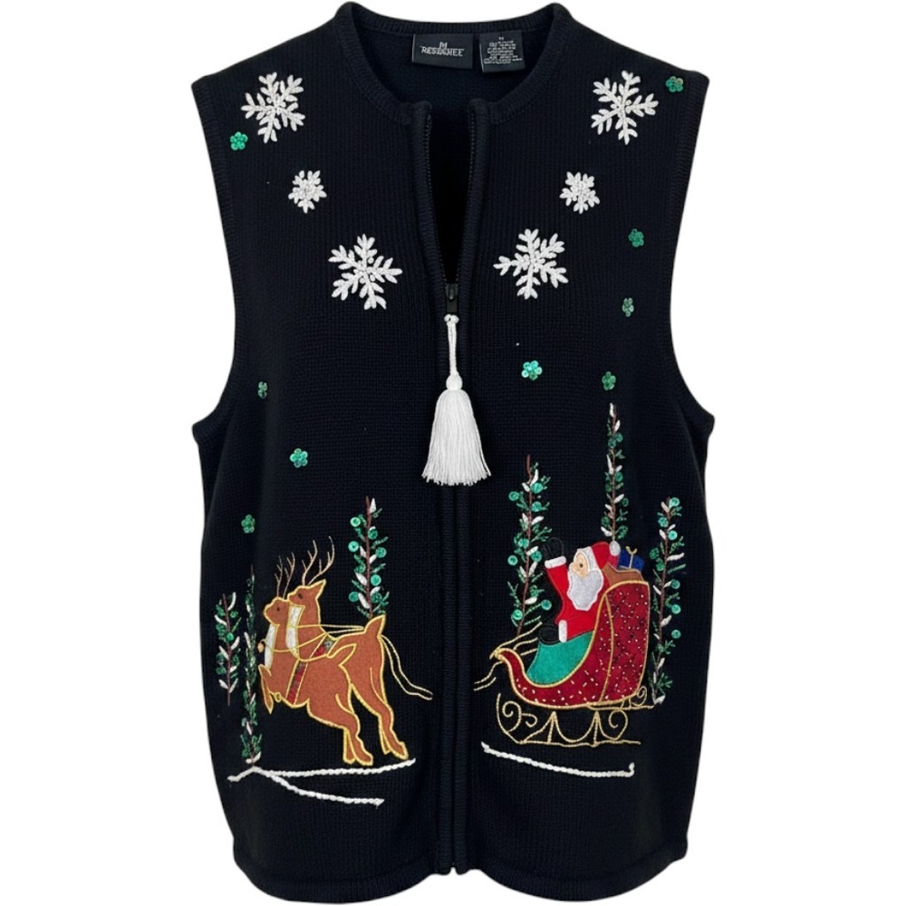 In Resource Womens Christmas Sweater Vest Black Santa Reindeer Sequin Medium